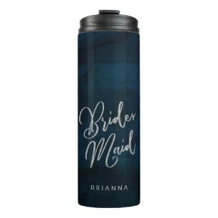 Navy Lustre Dark Blue Silver Monogram Bridesmaid Thermal Tumbler