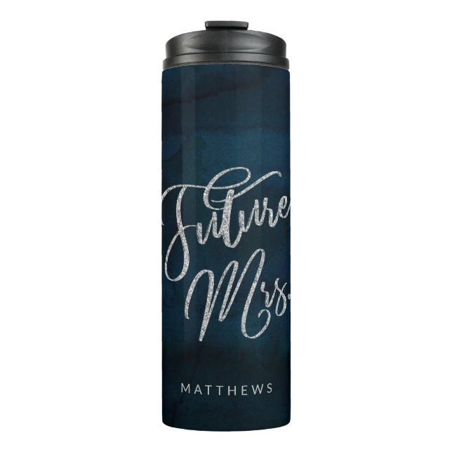Navy Lustre Dark Blue Silver Monogram Future Mrs. Thermal Tumbler (Front)