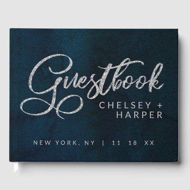 Navy Lustre Dark Blue Silver Watercolor Wedding Guest Book (Front)