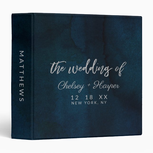 Navy Lustre Dark Blue Silver Wedding Photo Album Binder (Front/Spine)