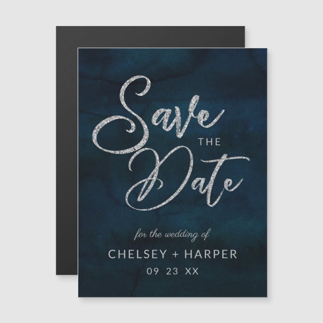 Navy Lustre Dark Blue Silver Wedding Save the Date Magnetic Invitation (Front/Back)