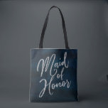 Navy Lustre Dark Blue Watercolor Maid of Honour Tote Bag<br><div class="desc">Navy Lustre Dark Blue Watercolor Design,  with Silver Sparkle Typography,  and beautiful watercolour background texture. With Modern Chic Script Fonts. A trendy & Luxurious style - Personalized Monogram Maid of Honour Tote Bags!

 ~ Check my shop to see the entire wedding suite for this design!</div>