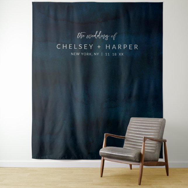 Navy Lustre Dark Blue Wedding Photo Booth Backdrop Tapestry (In Situ)