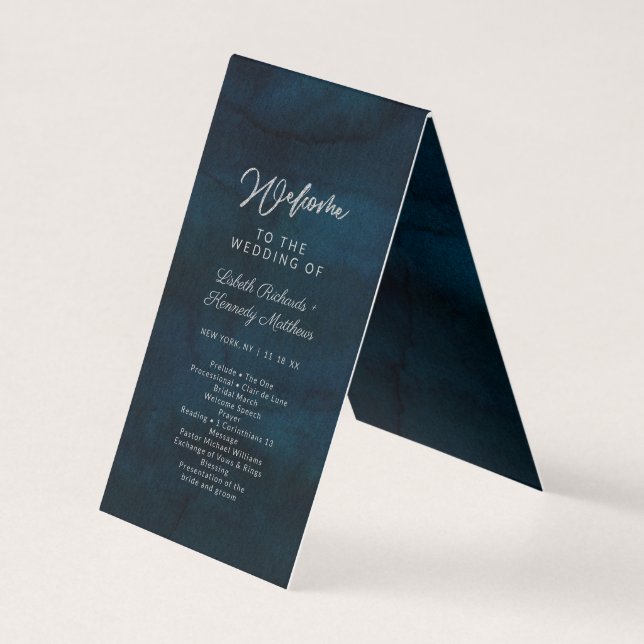 Navy Lustre Silver Blue Wedding Ceremony Program (Front)