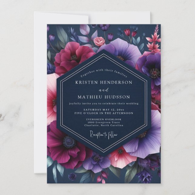 Navy Magenta Dramatic Bloom Wedding Invitation (Front)
