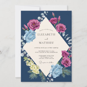 Navy Magenta Ranunculus Eucalyptus Wedding Invitation