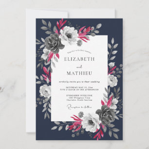 Navy Magenta Watercolor Floral Wedding Invitation