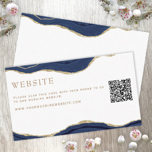 Navy Marble Agate Gold Glitter Wedding Website QR  Enclosure Card