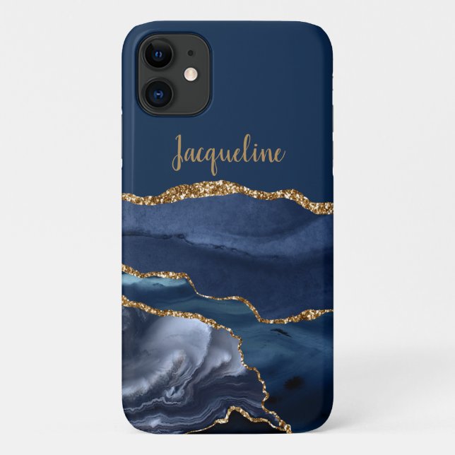 Navy Marble Geode Gold Dusty Blue Modern Name Case-Mate iPhone Case (Back)