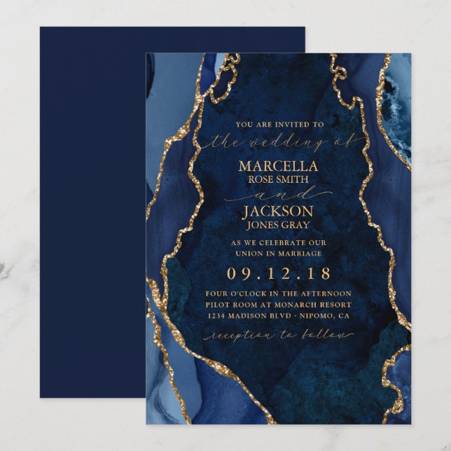 Navy Marble & Gold Agate Wedding Invitation (Front/Back)