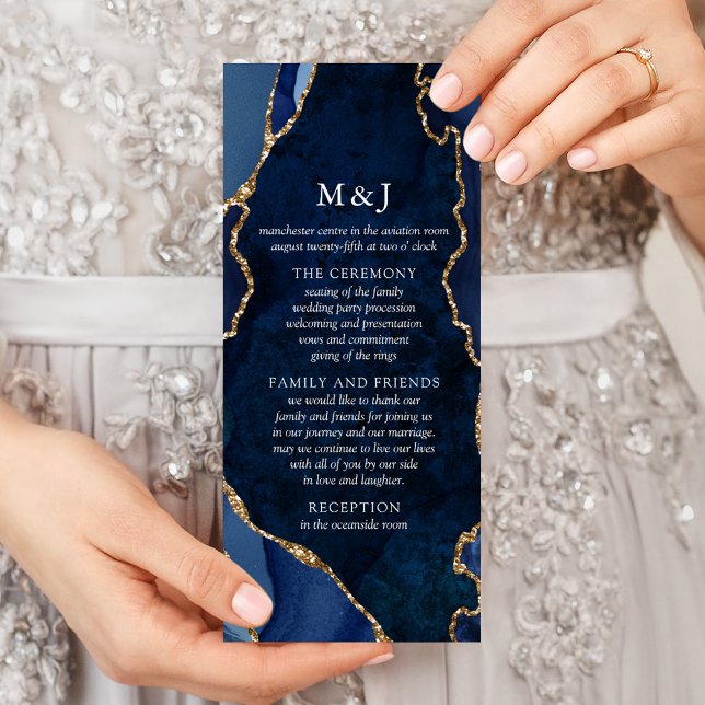 Navy Marble & Gold Agate Wedding Program (Creator Uploaded)