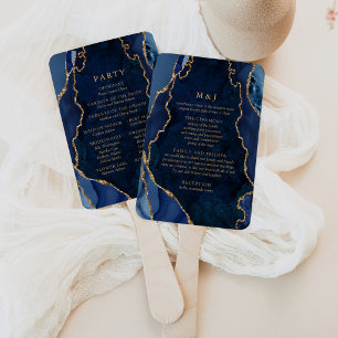 Navy Marble & Gold Agate Wedding Program Hand Fan