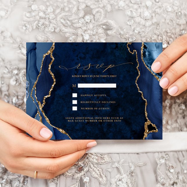 Navy Marble & Gold Agate Wedding RSVP Invitation (Creator Uploaded)