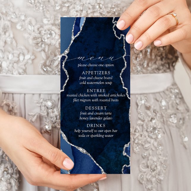 Navy Marble & Silver Agate Wedding Menu (Creator Uploaded)