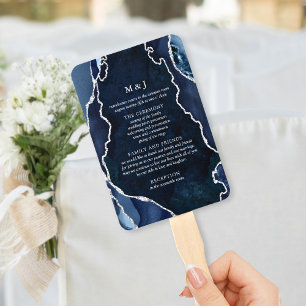 Navy Marble & Silver Agate Wedding Program Hand Fan