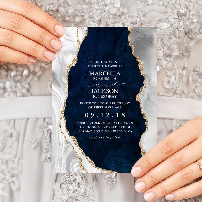 Navy Marble, White & Gold Agate Wedding Invitation (Creator Uploaded)