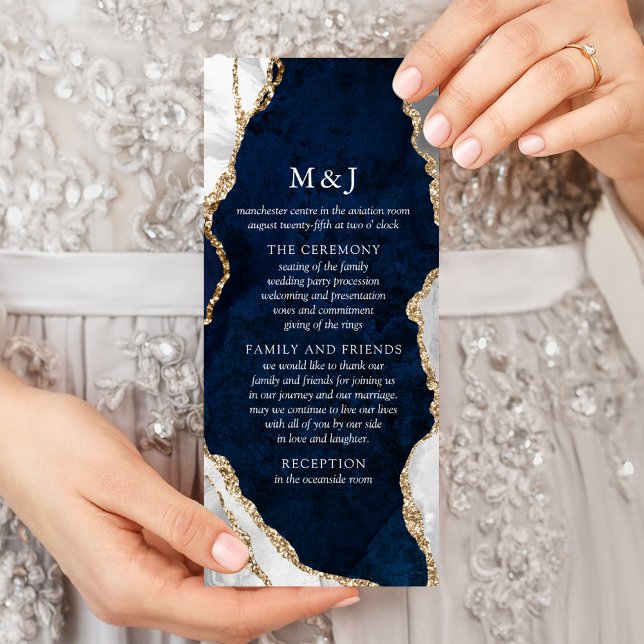 Navy Marble, White & Gold Agate Wedding Program (Creator Uploaded)
