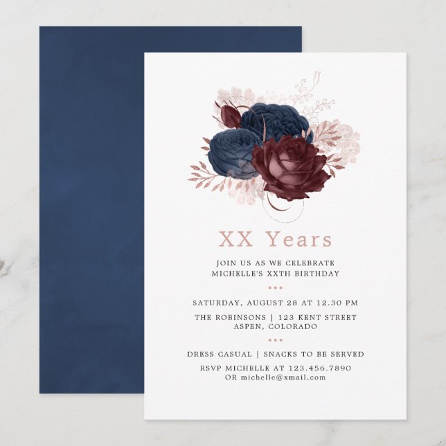 Navy, Maroon and Rose Gold Floral Birthday Invitation (Front/Back)