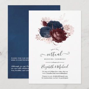 Navy, Maroon and Rose Gold Floral Virtual Wedding Invitation