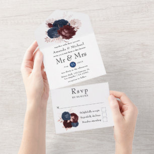 Navy, Maroon and Rose Gold Floral Wedding All In One Invitation