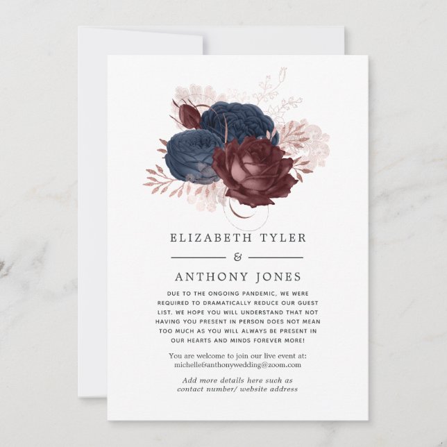 Navy, Maroon and Rose Gold Reduced Guest List Announcement (Front)