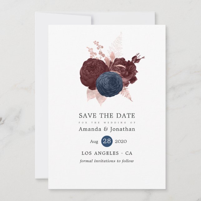 Navy, Marron et Rose Gold Floral Save the Date (Devant)