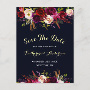 Navy Marsala Boho Floral Wedding Save the Date Announcement Postcard