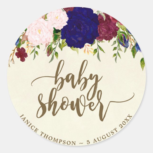 navy marsala floral baby shower sticker favours (Front)