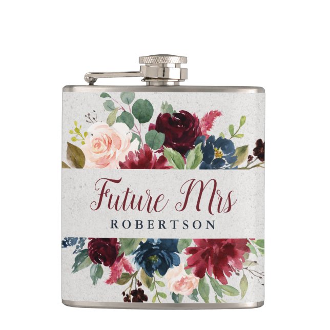Navy Marsala Floral Future Mrs Bachelorette Custom Hip Flask (Front)