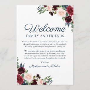Navy Marsala Floral Mariage Hotel Welcome Cartes