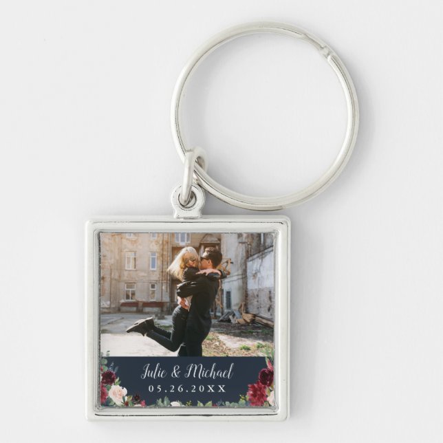 Navy & Marsala Floral Pewter Personalized Photo Keychain (Front)