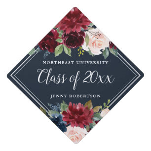 Navy & Marsala Floral Shabby Chic Custom Graduation Cap Topper