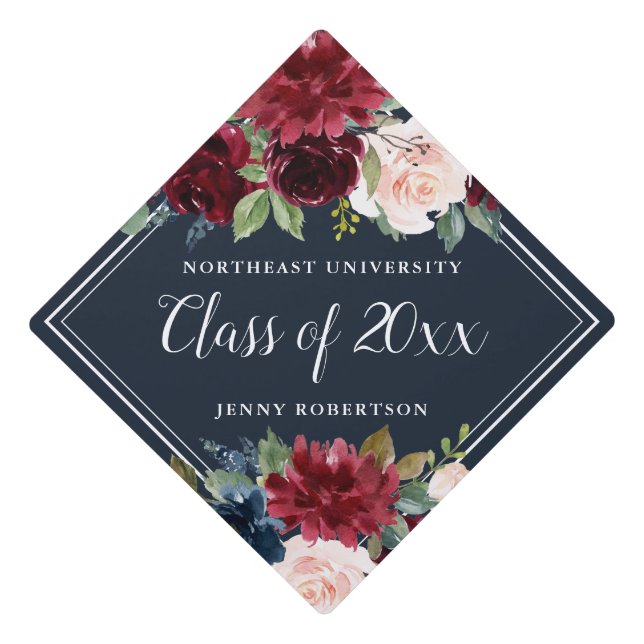 Navy & Marsala Floral Shabby Chic Custom Graduation Cap Topper (Front)