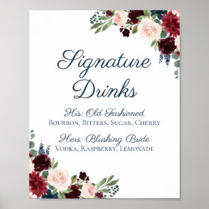 Navy Marsala Floral Signature Drinks Cocktail Sign
