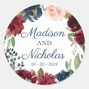Navy Marsala Floral Wedding Envelope Seal Stickers