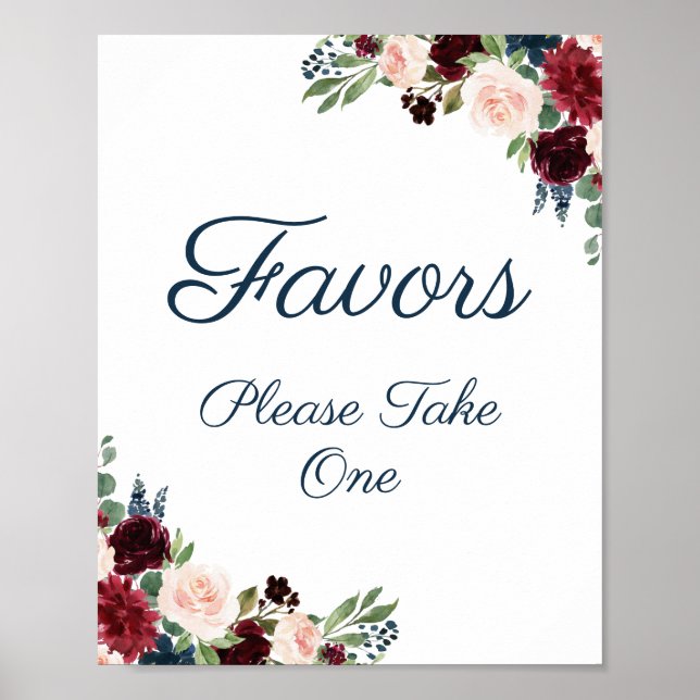 Navy Marsala Floral Wedding Favours Sign (Front)