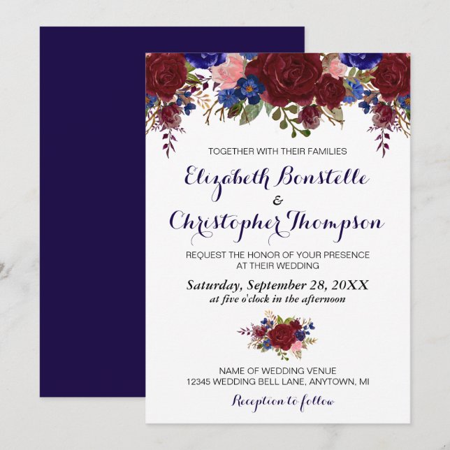 Navy Marsala Floral Wedding Invitation (Front/Back)
