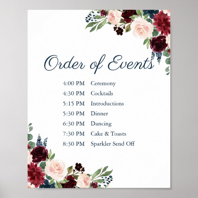 Navy Marsala Floral Wedding Order of Events Sign (Front)