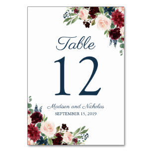 Navy Marsala Floral Wedding Table Number Cards