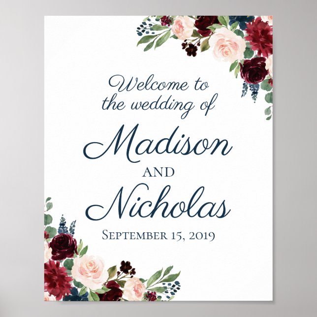 Navy Marsala Floral Wedding Welcome Sign Poster (Front)