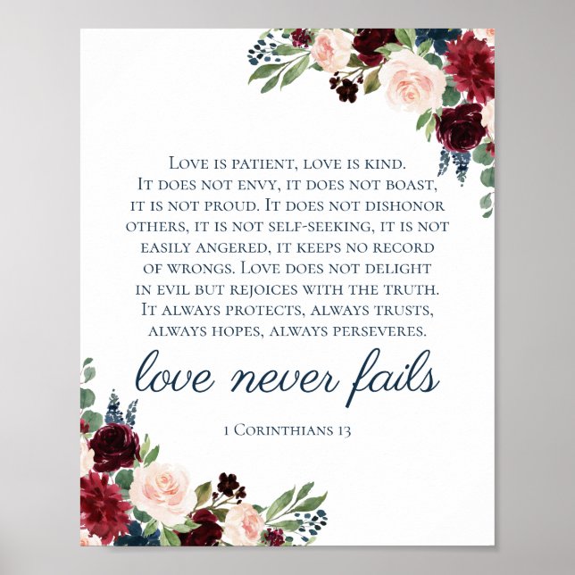 Navy Marsala Love Never Fails 1 Corinthians Sign (Front)