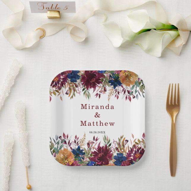 Navy Marsala Orange Fall Floral Geometric  Paper Plate (Wedding)