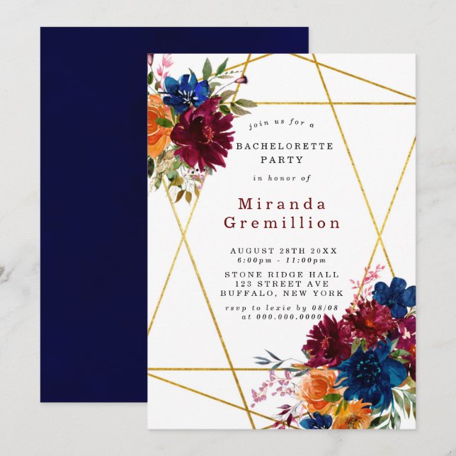 Navy Marsala Orange Floral Bachelorette Party  Invitation (Front/Back)
