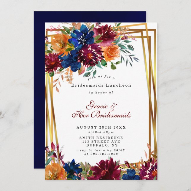 Navy Marsala Orange Floral Bridesmaids Luncheon  (Front/Back)