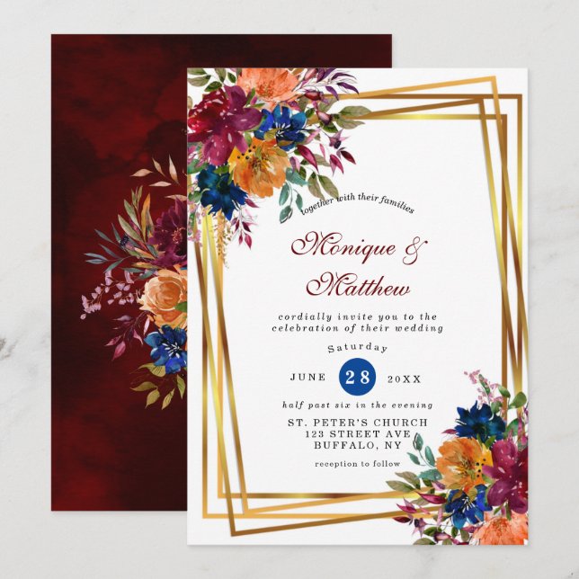 Navy Marsala Orange Floral Geometric Wedding  Invi Invitation (Front/Back)
