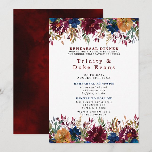 Navy Marsala Orange Floral Rehearsal Dinner Invitation (Front/Back)