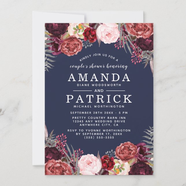 Navy Marsala Peony Couples Shower Invitations (Front)