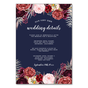 Navy Marsala Peony Wedding Insert Reception Cards