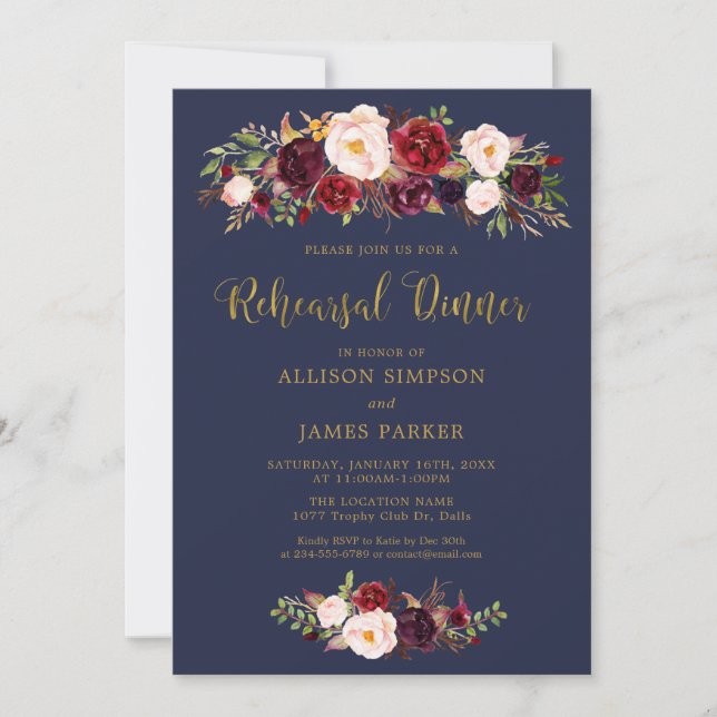 Navy Marsala Red Autumn Rehearsal Dinner Card (Front)