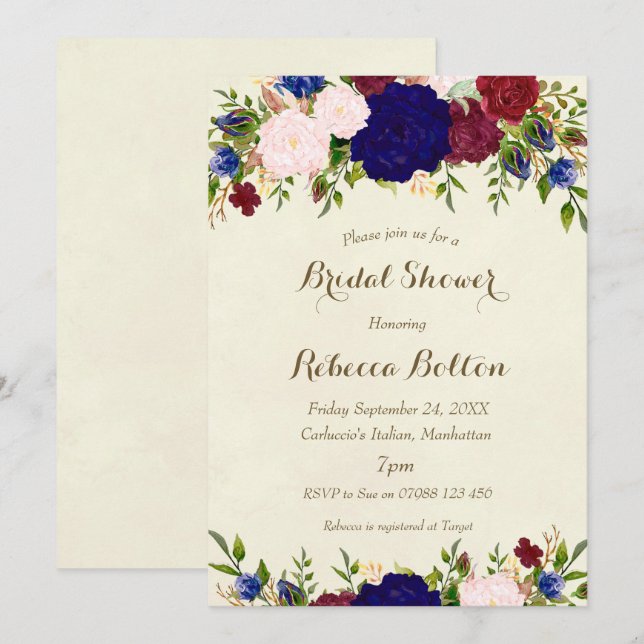 navy marsala wine bridal shower invitation floral (Front/Back)